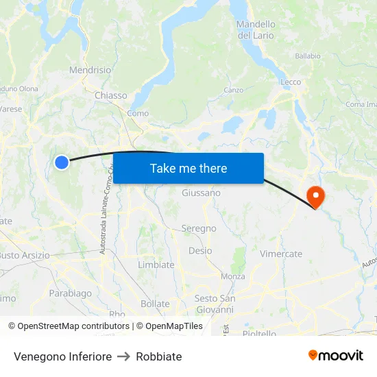 Venegono Inferiore to Robbiate map