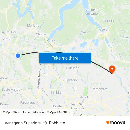 Venegono Superiore to Robbiate map