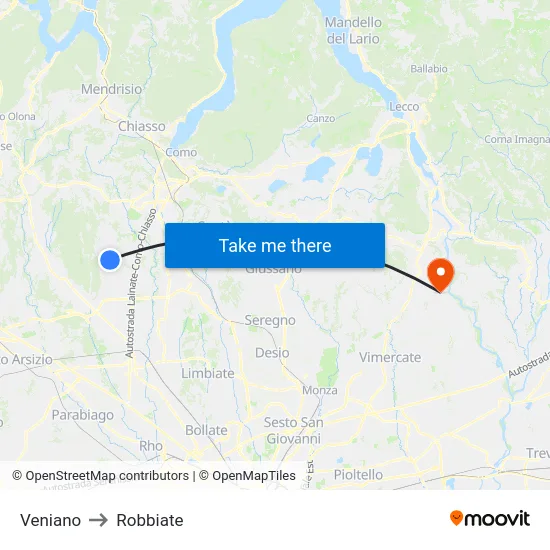 Veniano to Robbiate map