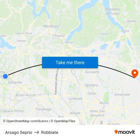 Arsago Seprio to Robbiate map