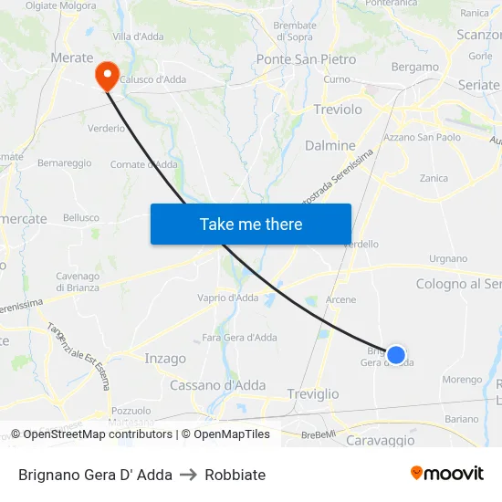 Brignano Gera d'Adda to Robbiate map