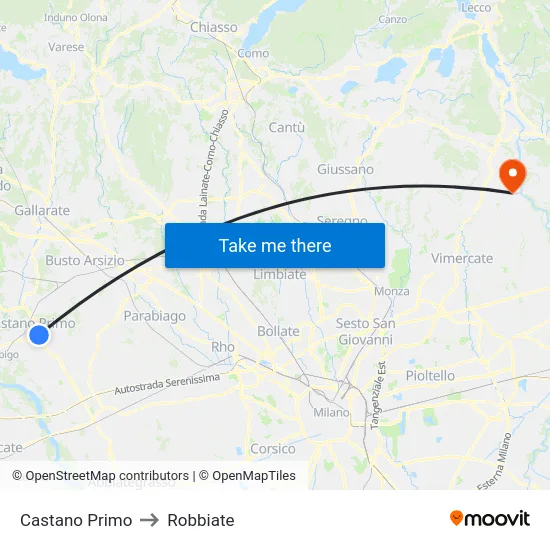 Castano Primo to Robbiate map