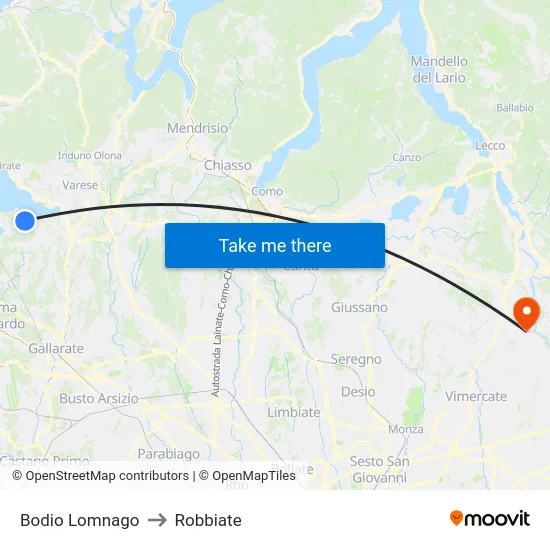 Bodio Lomnago to Robbiate map