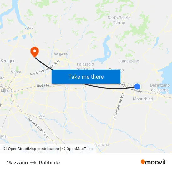 Mazzano to Robbiate map