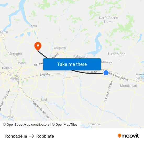 Roncadelle to Robbiate map