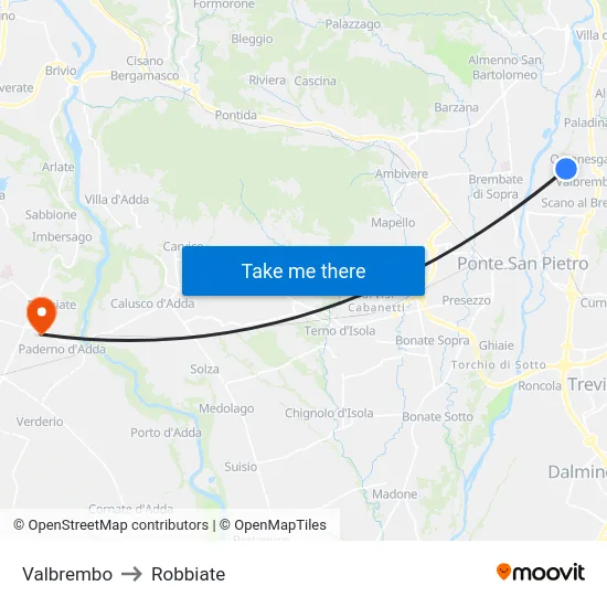 Valbrembo to Robbiate map