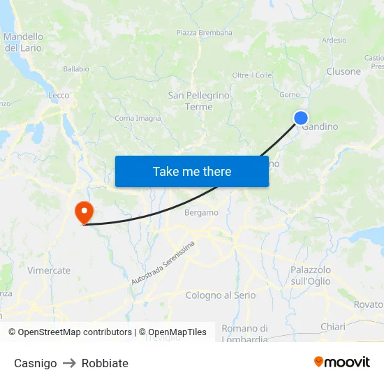 Casnigo to Robbiate map
