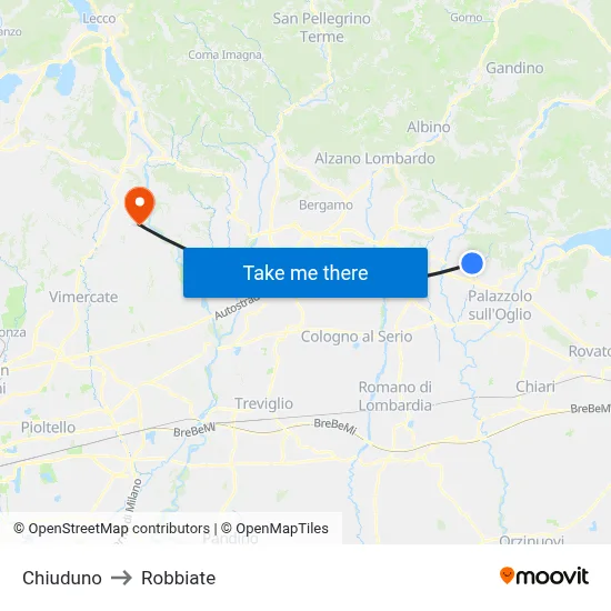 Chiuduno to Robbiate map