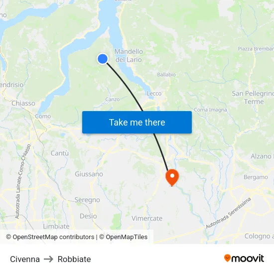 Civenna to Robbiate map