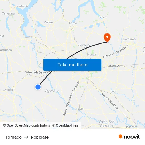 Tornaco to Robbiate map