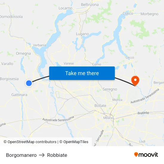 Borgomanero to Robbiate map