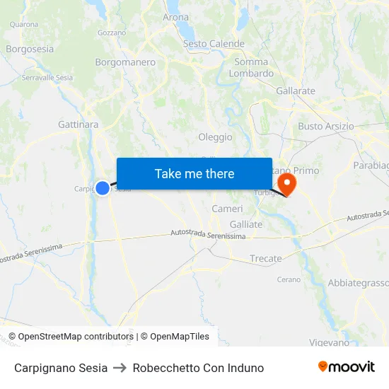 Carpignano Sesia to Robecchetto Con Induno map