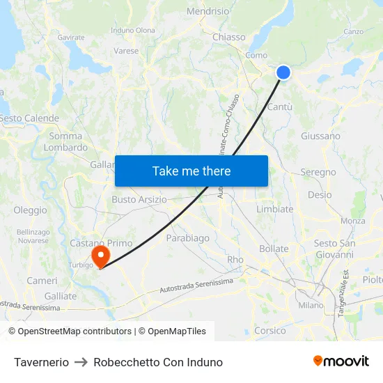 Tavernerio to Robecchetto Con Induno map