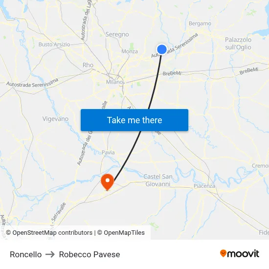 Roncello to Robecco Pavese map