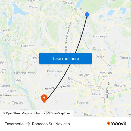 Tavernerio to Robecco Sul Naviglio map