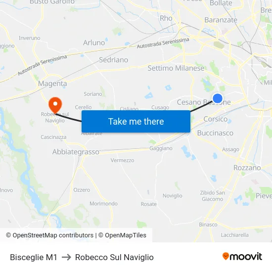 Bisceglie M1 to Robecco Sul Naviglio map