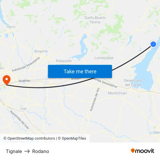 Tignale to Rodano map