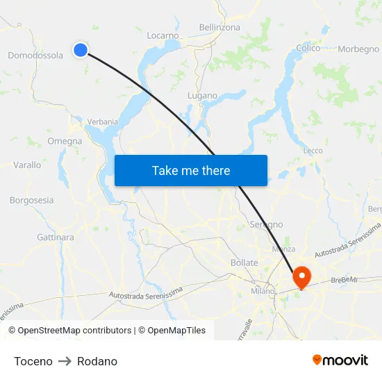 Toceno to Rodano map