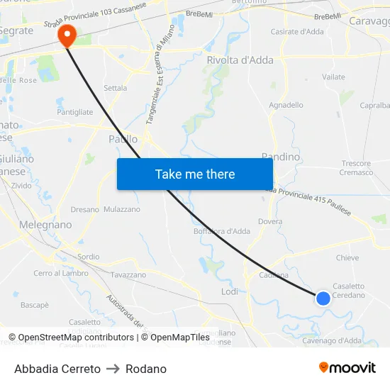 Abbadia Cerreto to Rodano map