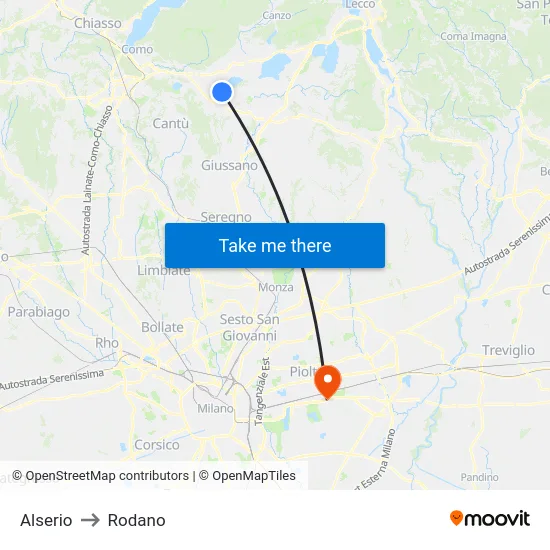 Alserio to Rodano map