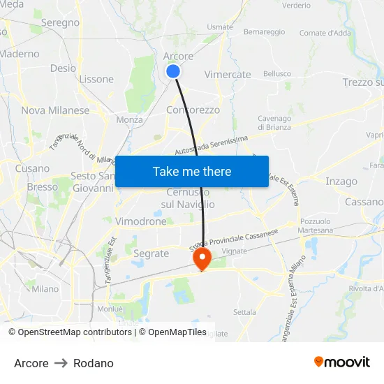 Arcore to Rodano map