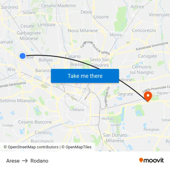 Arese to Rodano map
