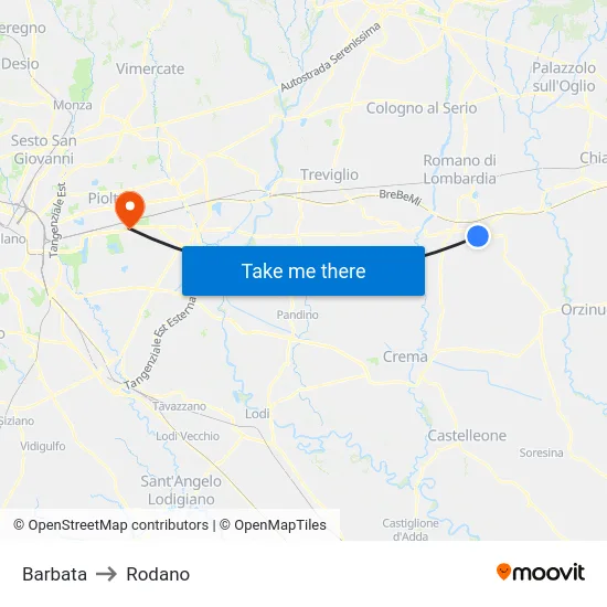 Barbata to Rodano map