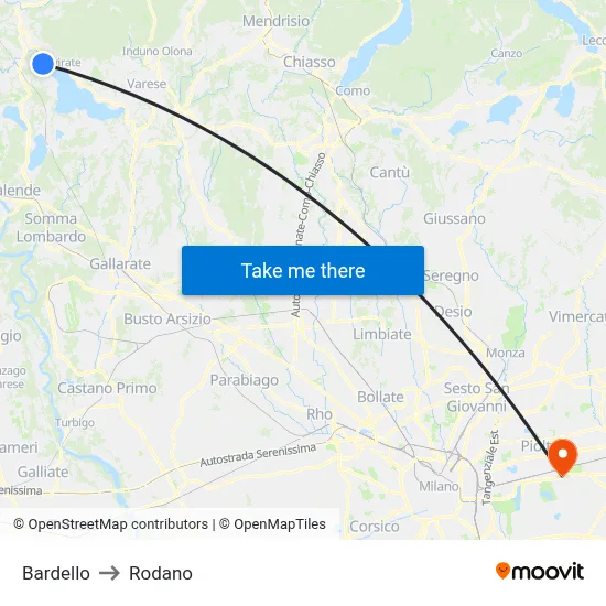 Bardello to Rodano map