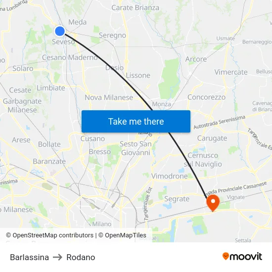 Barlassina to Rodano map