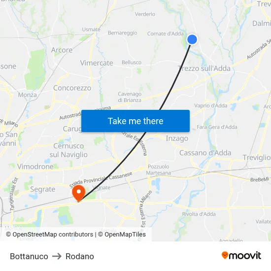 Bottanuco to Rodano map