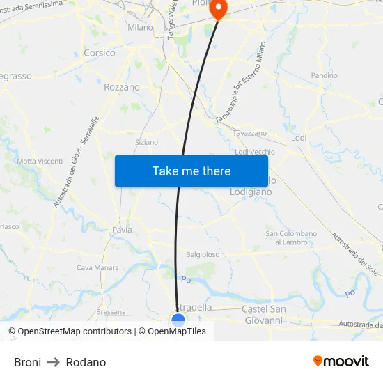 Broni to Rodano map