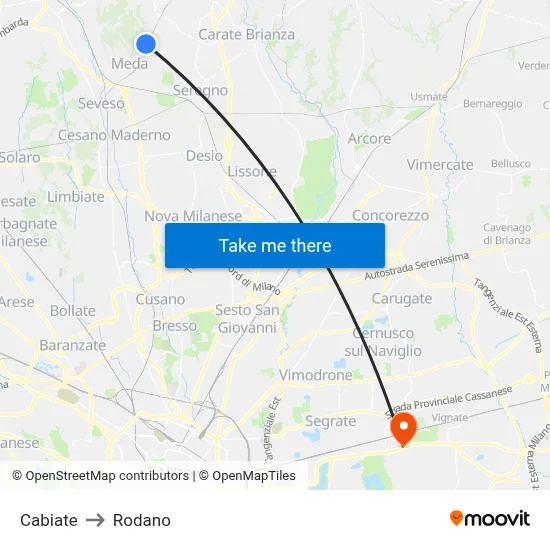 Cabiate to Rodano map