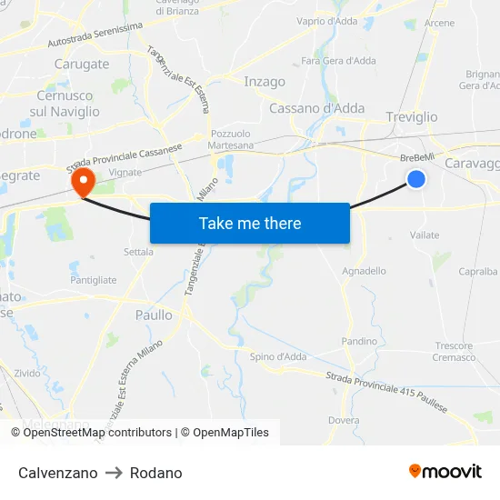 Calvenzano to Rodano map