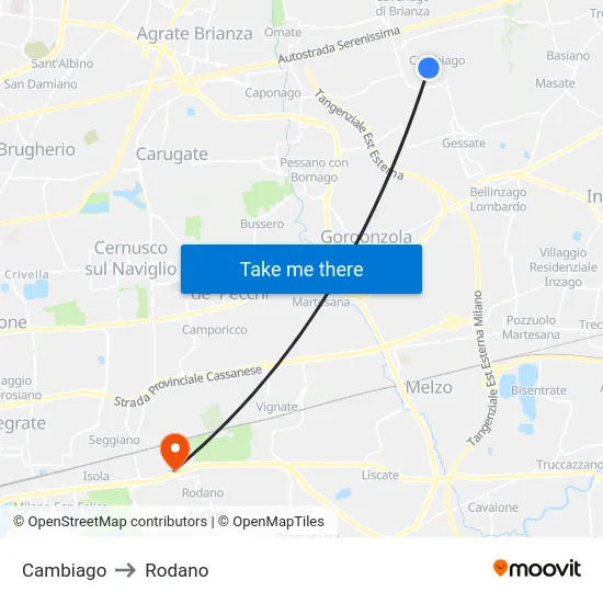 Cambiago to Rodano map