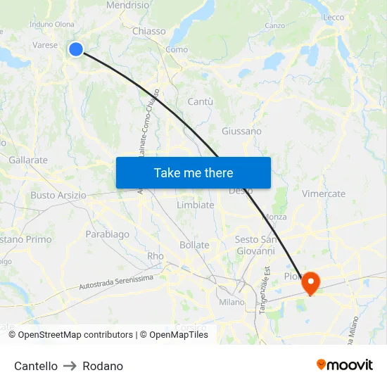 Cantello to Rodano map