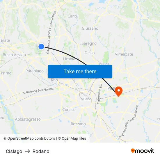 Cislago to Rodano map