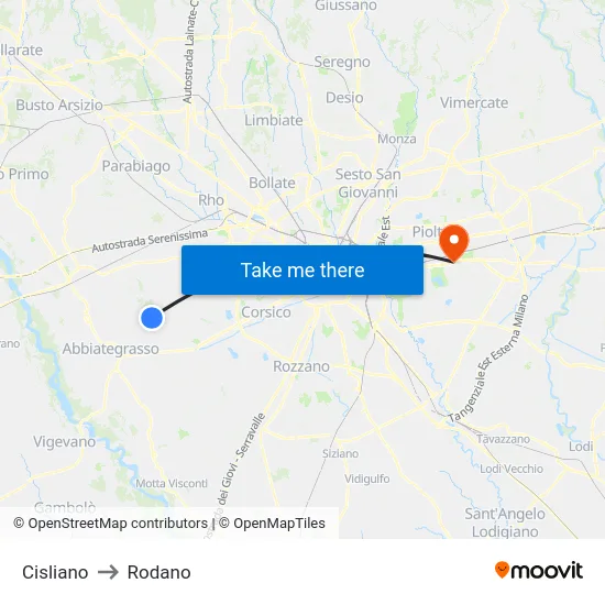 Cisliano to Rodano map