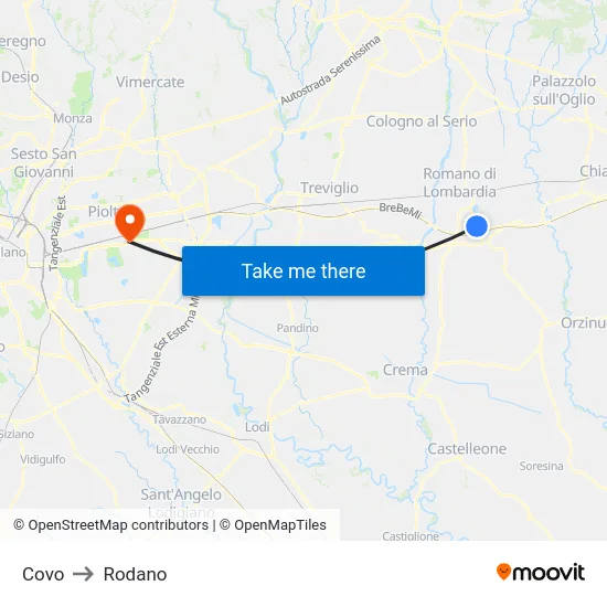 Covo to Rodano map