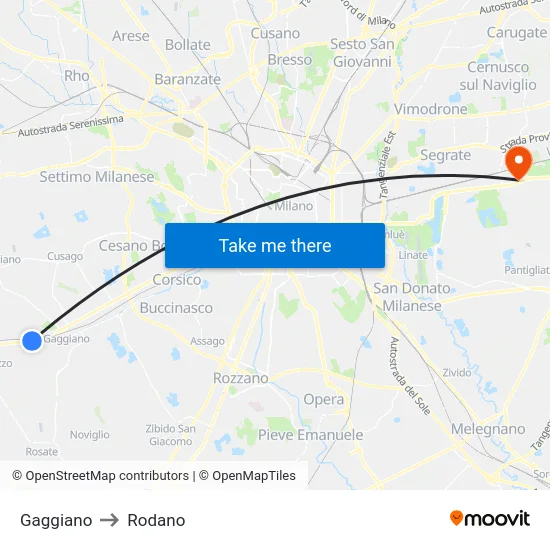 Gaggiano to Rodano map