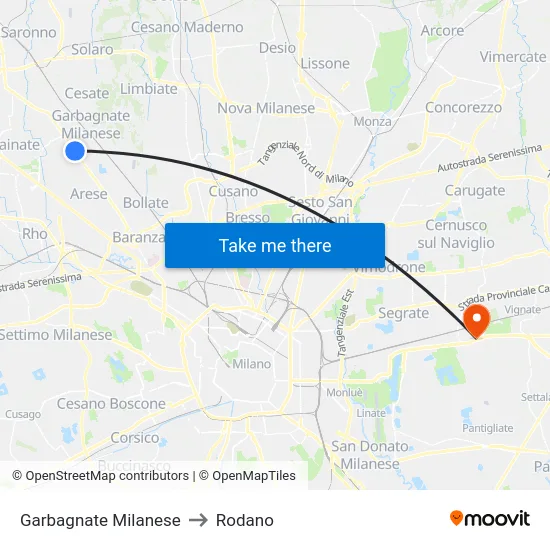 Garbagnate Milanese to Rodano map