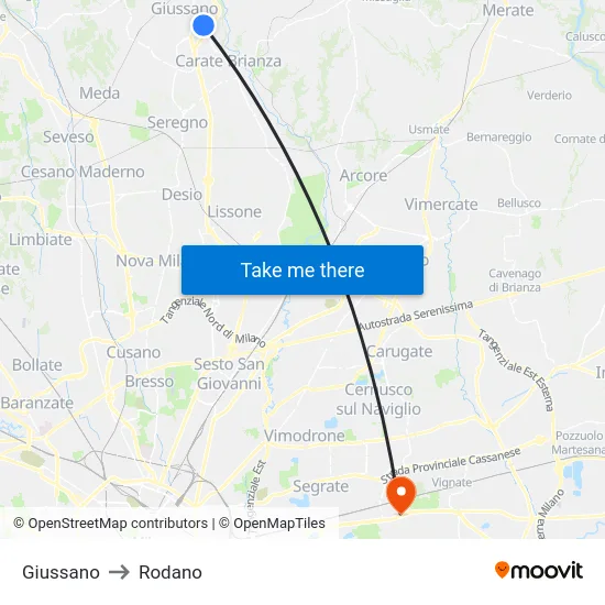 Giussano to Rodano map