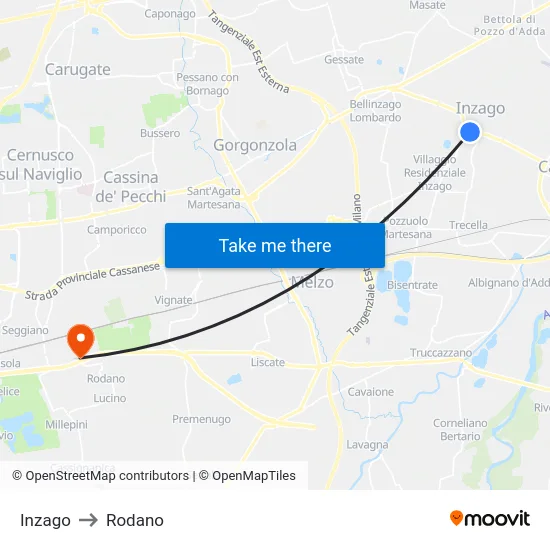 Inzago to Rodano map