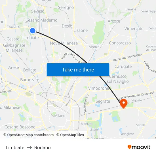 Limbiate to Rodano map
