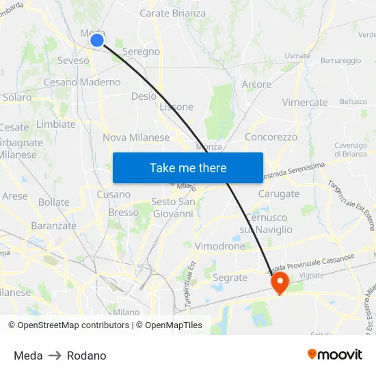 Meda to Rodano map