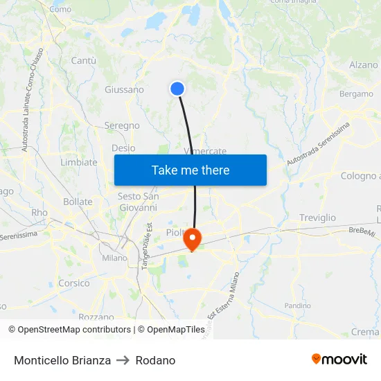 Monticello Brianza to Rodano map