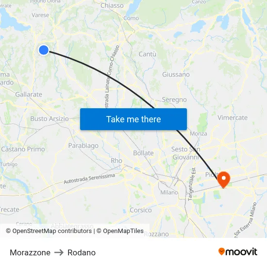 Morazzone to Rodano map