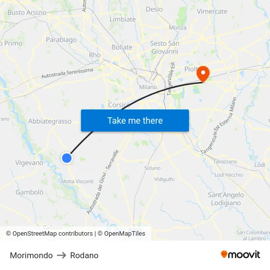 Morimondo to Rodano map