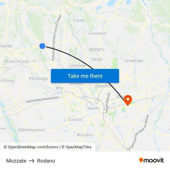 Mozzate to Rodano map