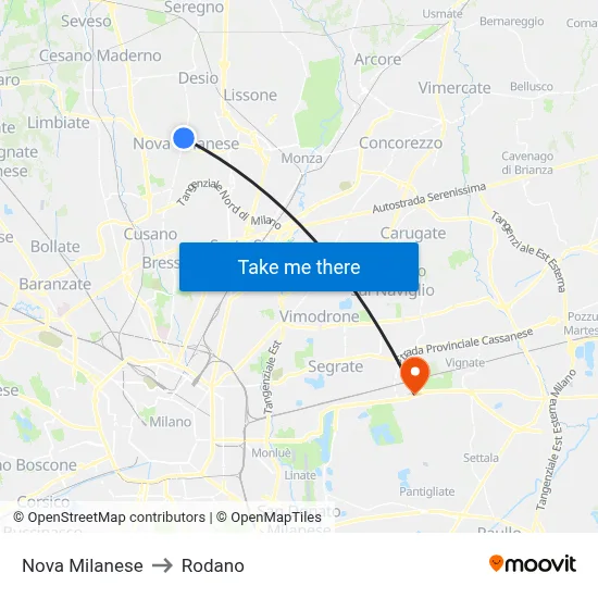 Nova Milanese to Rodano map