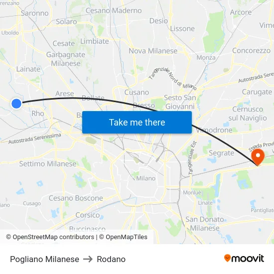 Pogliano Milanese to Rodano map